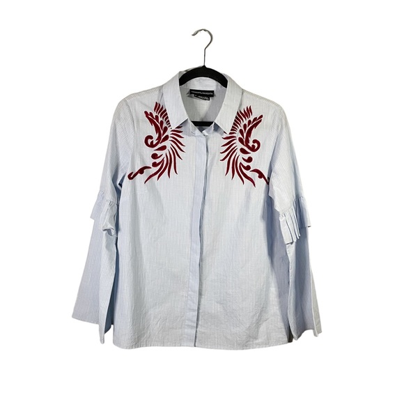 HEMANT & NANDITA Tops - Hemant & Nandita Blue White Red Button Down Shirt Blouse Statement Ruffle Sleeve